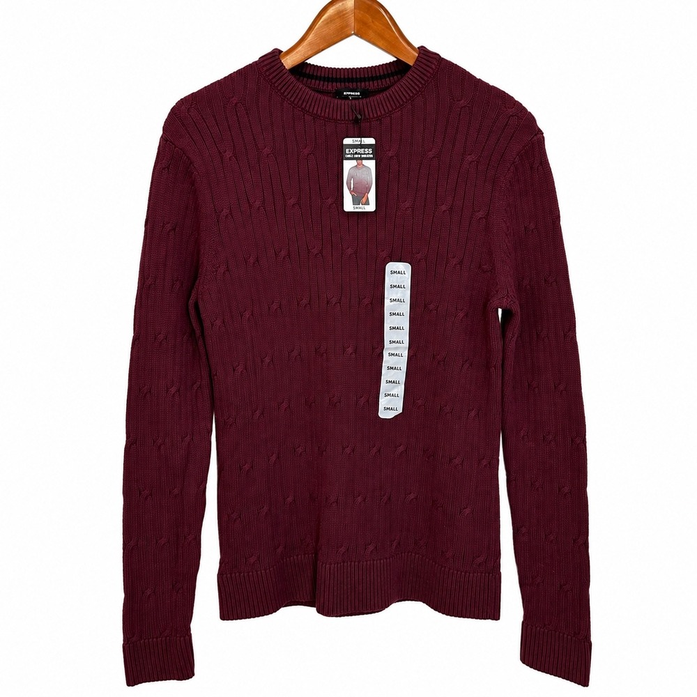 Express Men S Cable Knit Sweater Winetasting Burgundy Cotton Crew Neck EX006561